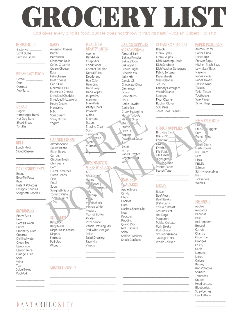Free grocery shopping list printable download