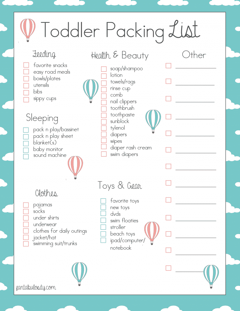 Toddler Packing Checklist Free Printable for when we travel! fantabulosity.com