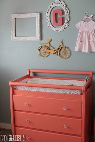 Baby Girl Nursery Gray and Coral Design Wall Decor and Changing Table https://fantabulosity.com