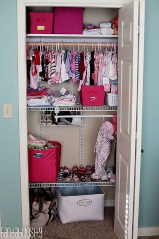 Baby Girl Nursery Gray and Coral Design Closet Organization https://fantabulosity.com