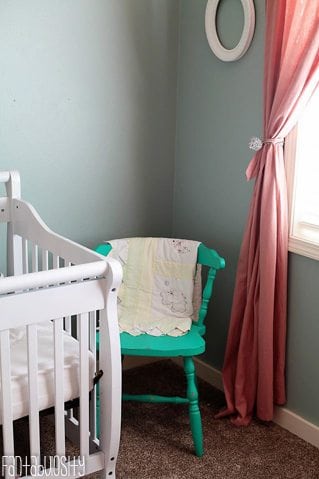 Baby Girl Nursery Gray and Coral Design Teal Chair https://fantabulosity.com