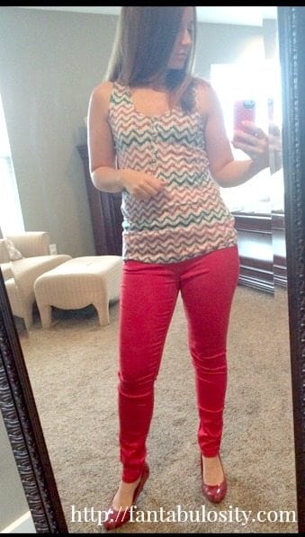 Red skinny jeans and chevron tank