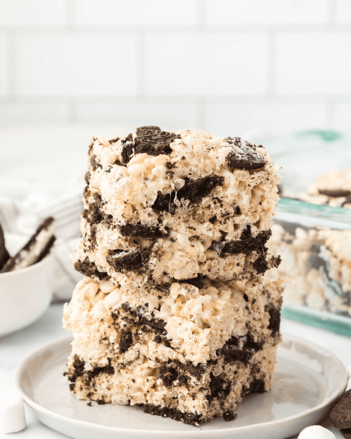 Oreo rice krispie treats stacked on a plate