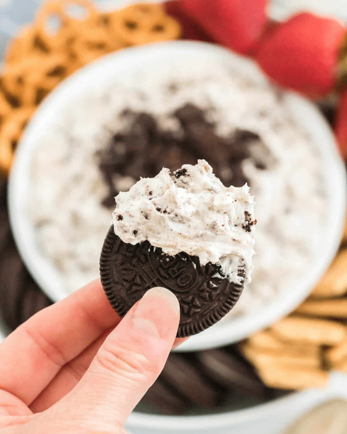 Oreo cookie dip with cookies and pretzels