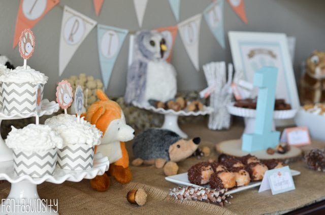 Woodland Friends First Birthday Party Dessert Table - https://fantabulosity.com