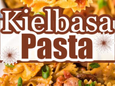 Bowtie pasta with kielbasa sausage, covered in a sauce.