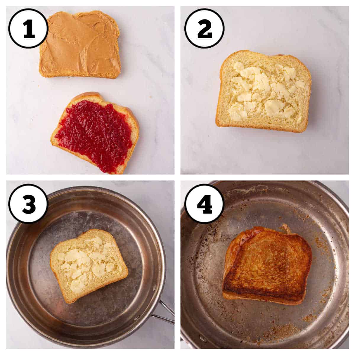 Steps 1-4 image collage of how to make a friend peanut butter and jelly.