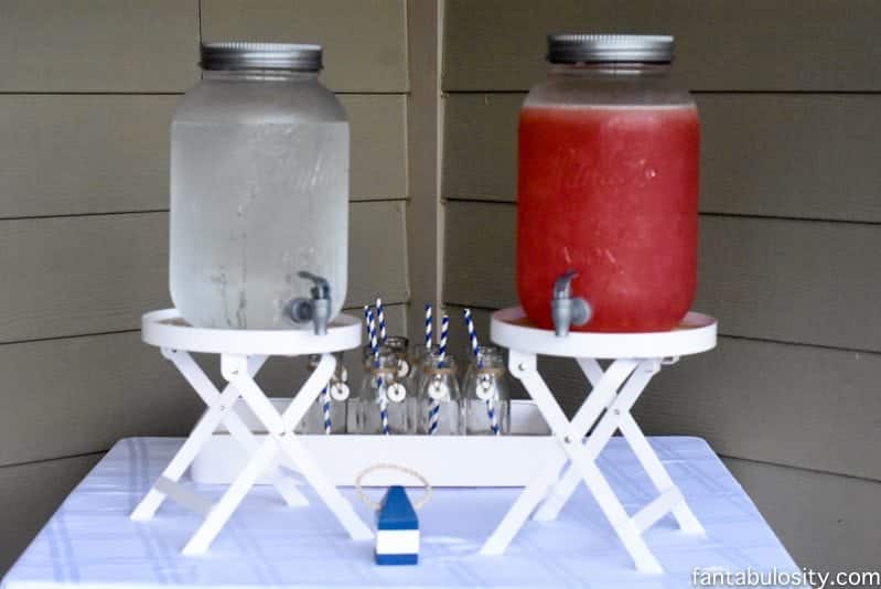 Drink Dispensers for a party, on a stand. So cute! https://fantabulosity.com