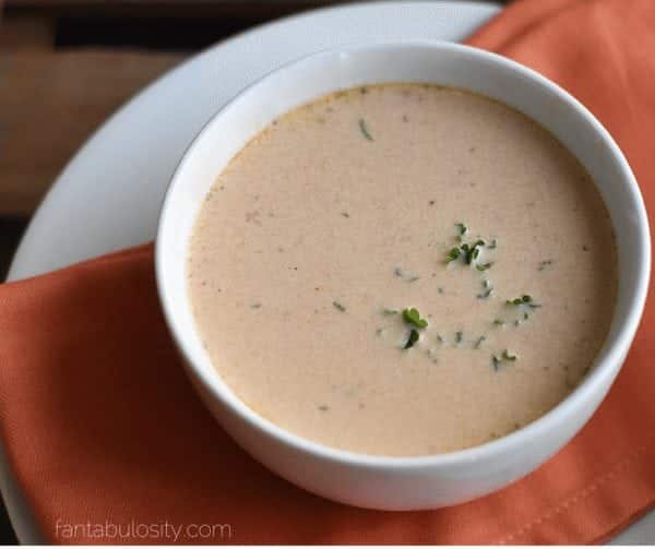 Easy Crab Bisque - in a white bowl, orange napkin