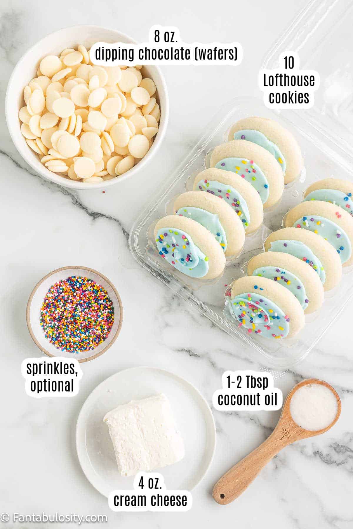 Labeled ingredients for sugar cookie truffles.