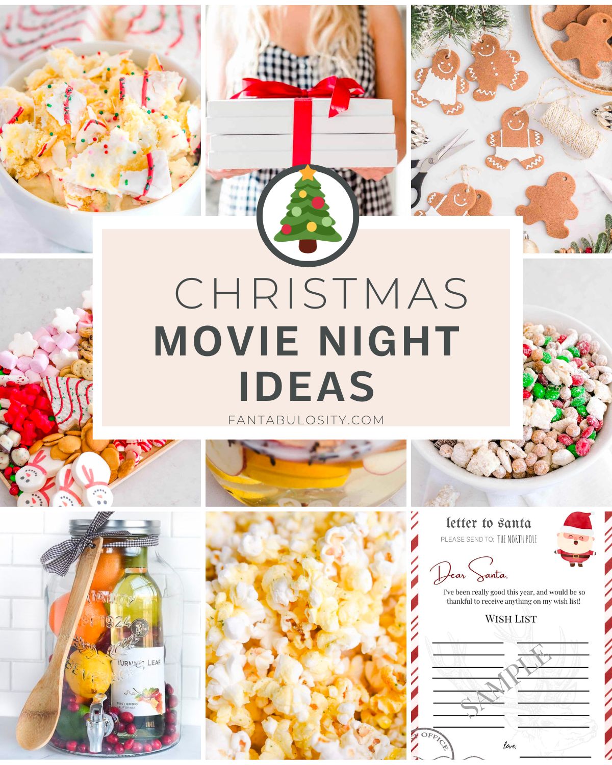 Collage of Christmas movie night ideas.