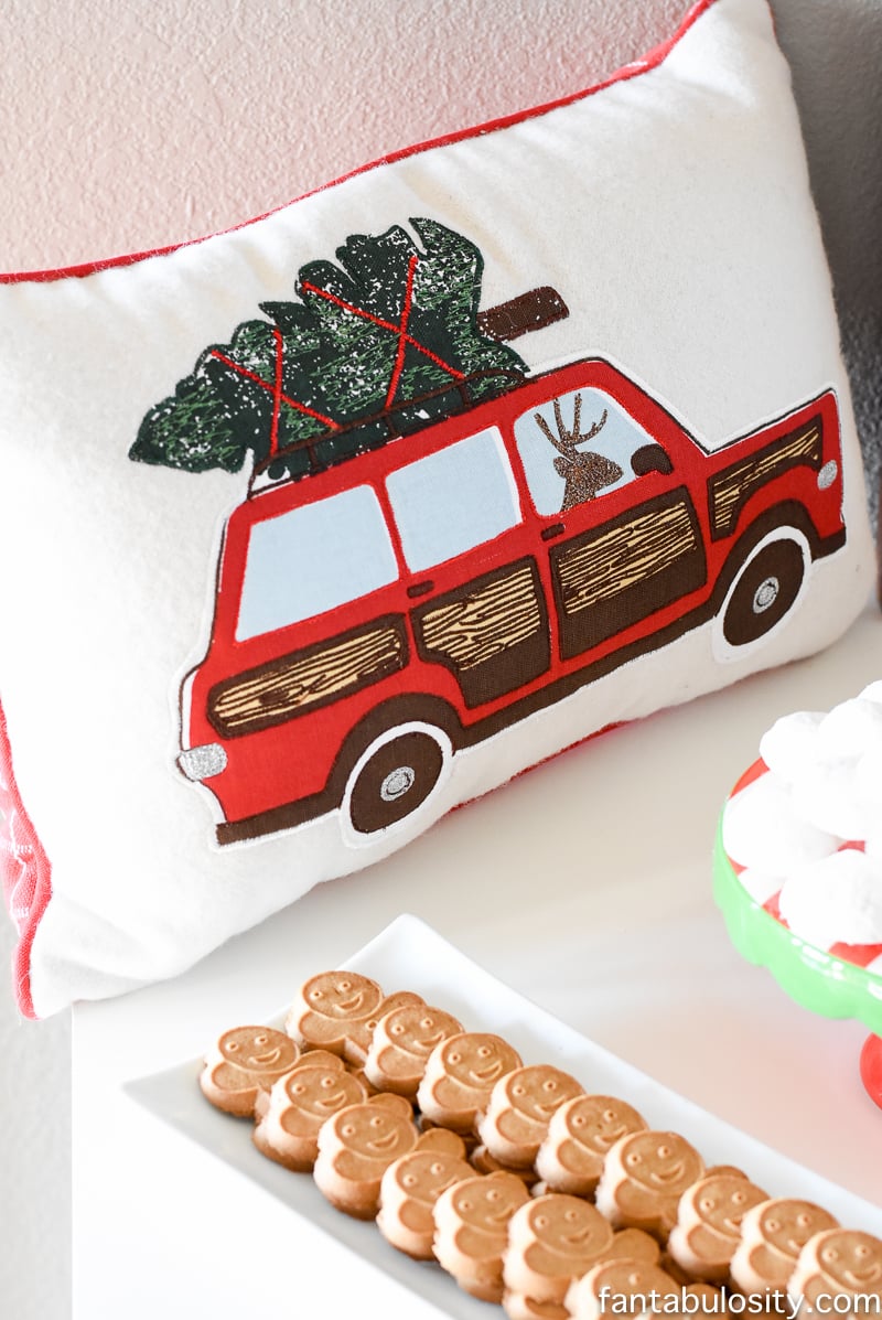 This PILLOW!!! LOVE! Vintage Christmas Party Ideas: Truck with Christmas Tree, cupcakes, red green and white, hot chocolate bar