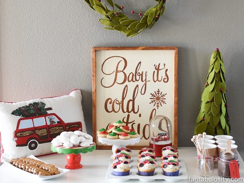 Ahh! Such an adorable theme! Vintage Christmas Party Ideas: Truck with Christmas Tree, cupcakes, red green and white, hot chocolate bar