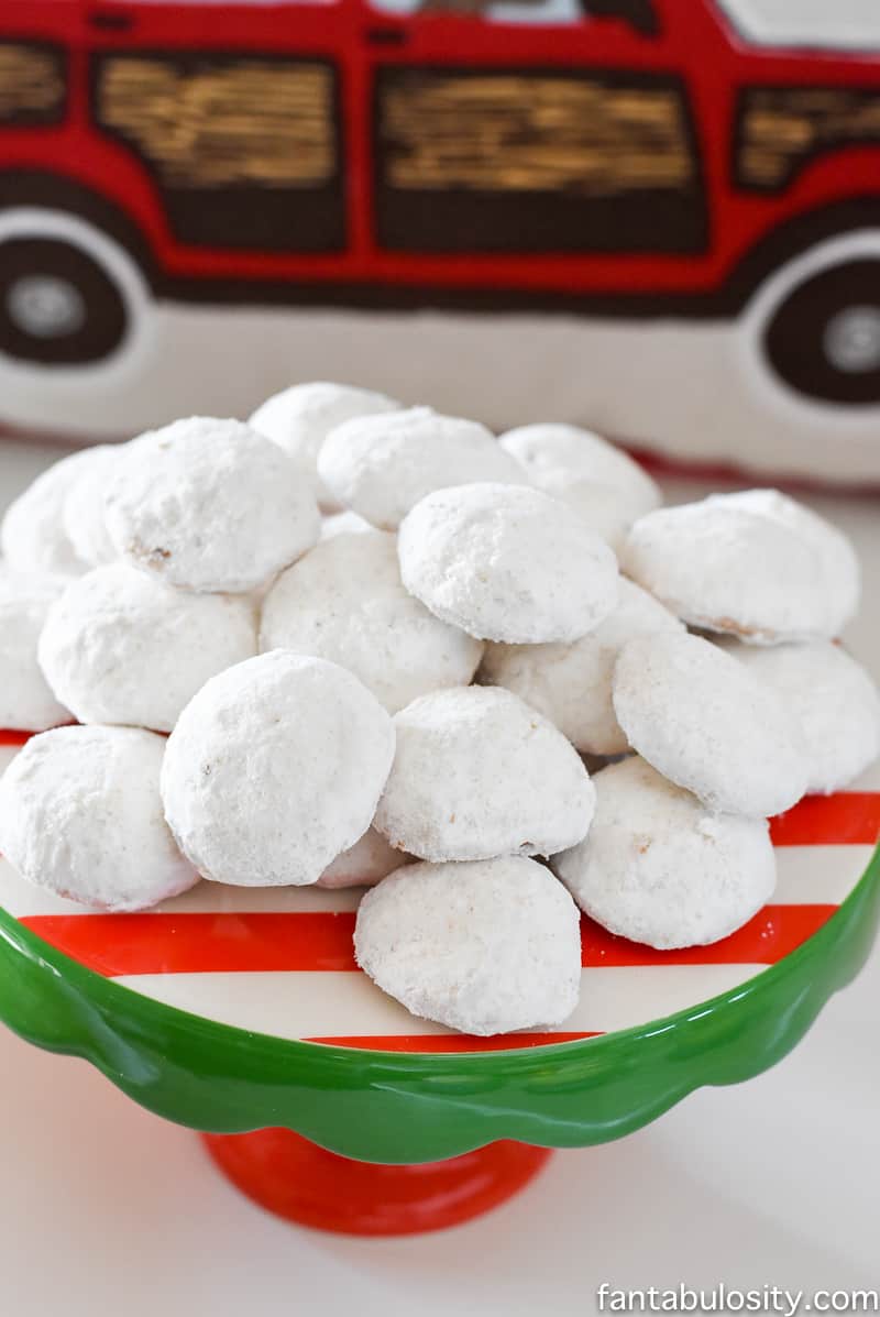 Snowball cookies for a party! Vintage Christmas Party Ideas: Truck with Christmas Tree, cupcakes, red green and white, hot chocolate bar