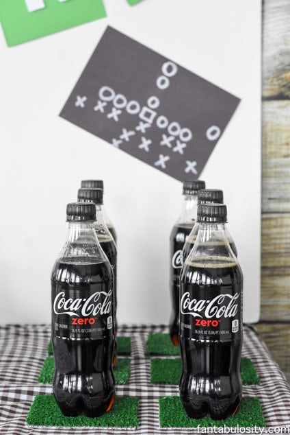 Bottled Soda for party drinks, on "football turf," coasters. LOVE!Football Party Ideas fantabulosity.com