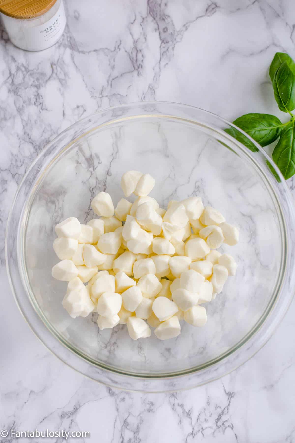 mozzarella pearls in glass bowl