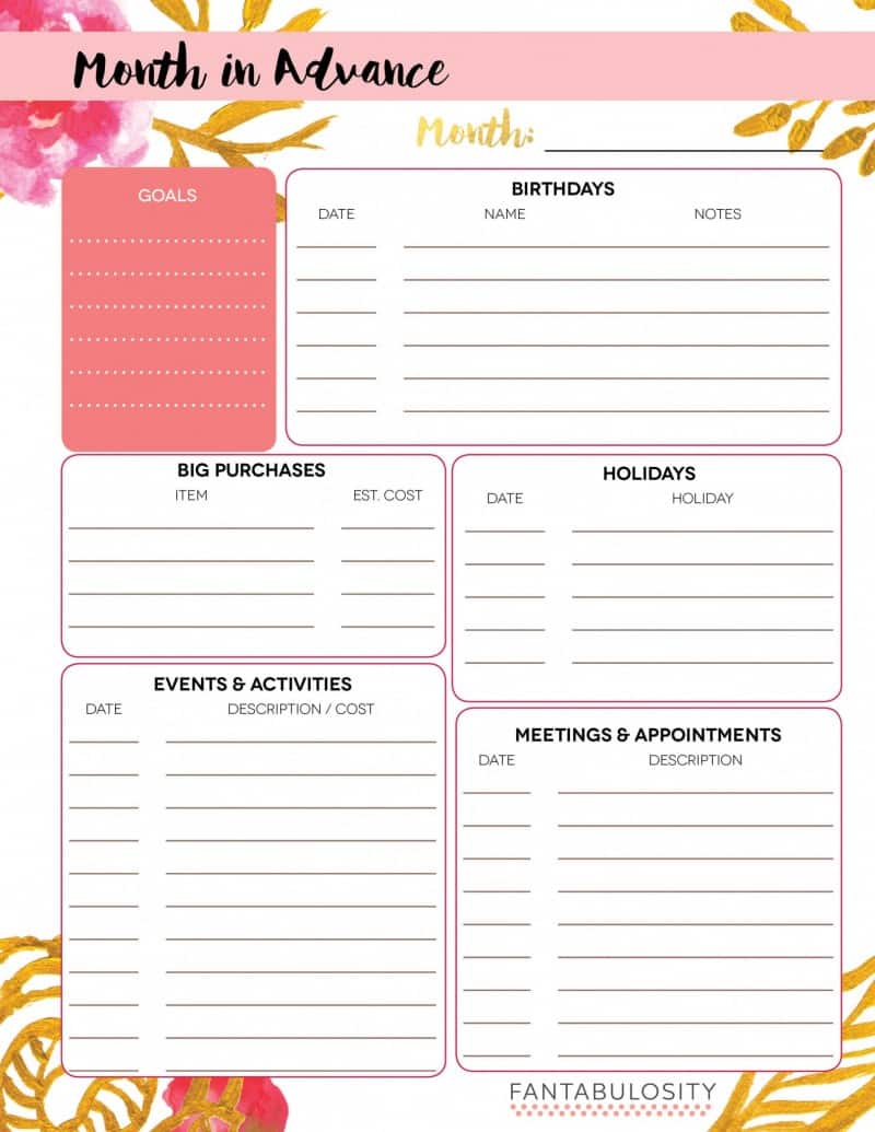 Month In Advance At A Glance Free Printable Fantabulosity