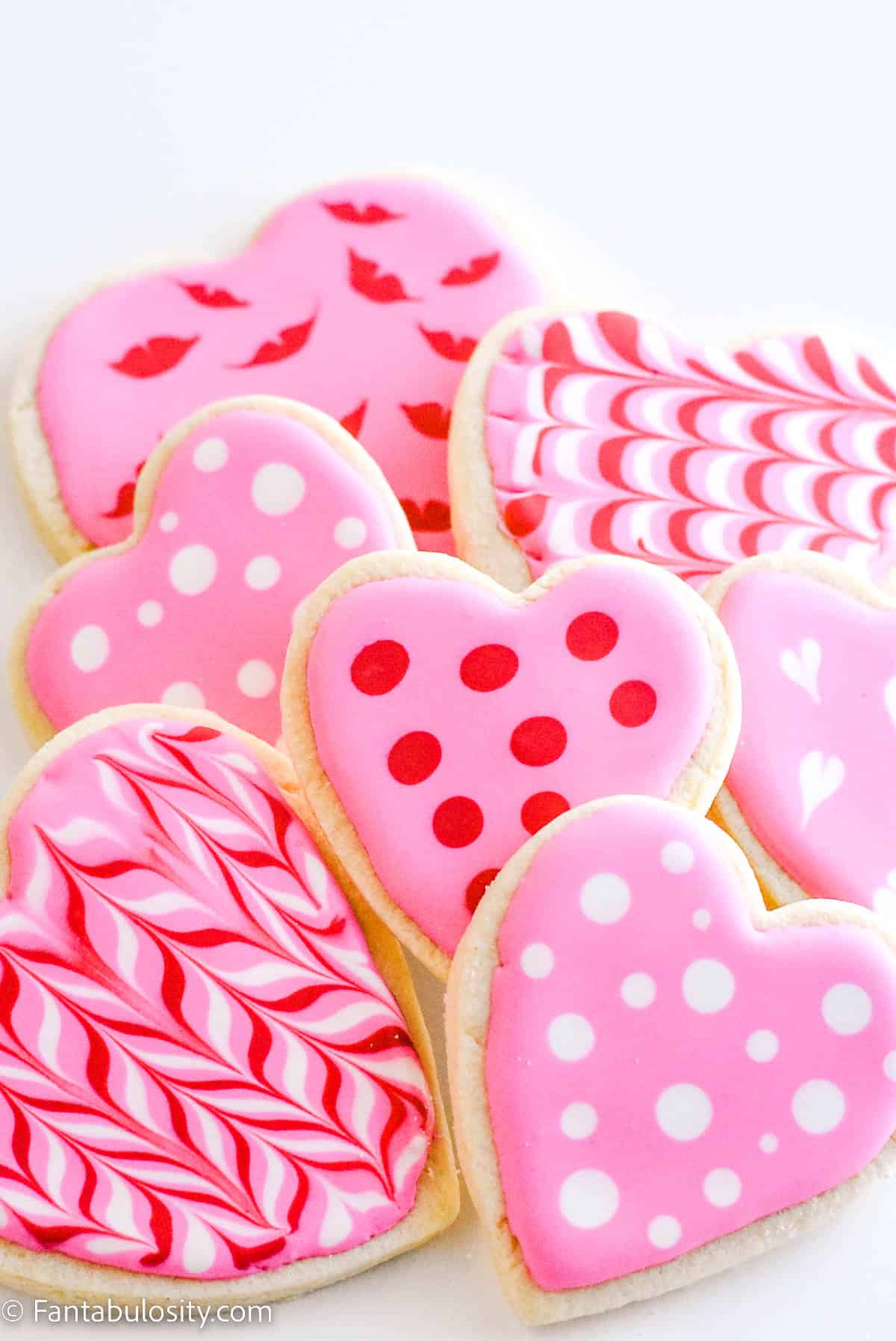 Heart shaped sugar cookies decorated for Valentine's Day