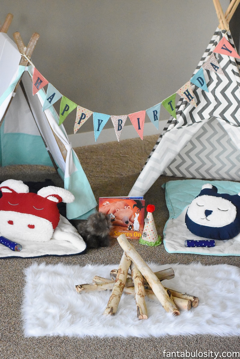 A Camp-In Sleepover! A Camping Sleepover Birthday Party! How fun is this! It's all so cute!!! Camping Sleepover Birthday Party Ideas! Pottery Barn Kids, fake fire, tents, sleeping bags, fire birthday cake, kaleidoscope, birthday banner. 