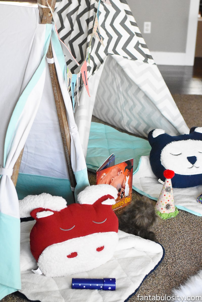 A Camp-In Sleepover! A Camping Sleepover Birthday Party! How fun is this! It's all so cute!!! Camping Sleepover Birthday Party Ideas! Pottery Barn Kids, fake fire, tents, sleeping bags, fire birthday cake, kaleidoscope, birthday banner. 