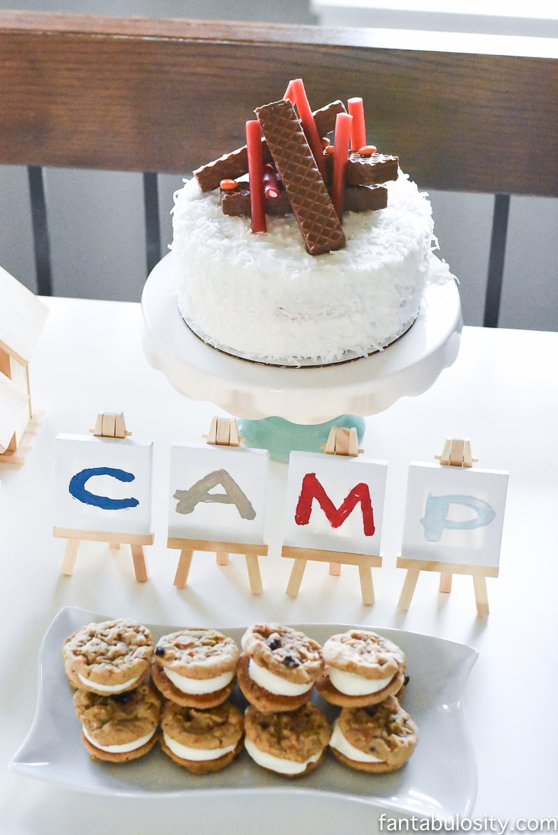 A Camp-In Sleepover! Camping birthday cake with fire. How fun is this! It's all so cute!!! Camping Sleepover Birthday Party Ideas! Pottery Barn Kids, fake fire, tents, sleeping bags, fire birthday cake, kaleidoscope, birthday banner. 