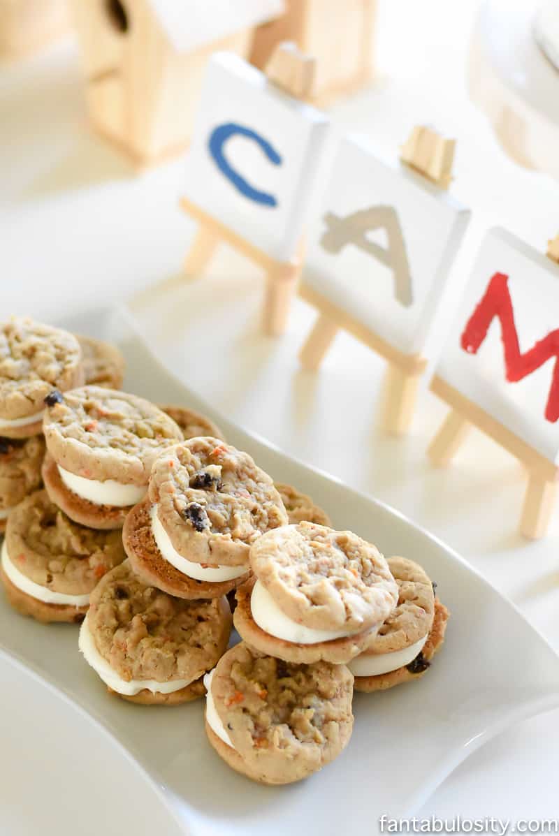 A Camp-In Sleepover! Cookie Sandwiches for a camping party! How fun is this! It's all so cute!!! Camping Sleepover Birthday Party Ideas! Pottery Barn Kids, fake fire, tents, sleeping bags, fire birthday cake, kaleidoscope, birthday banner. 