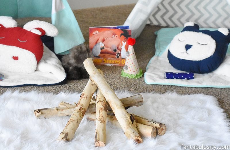 Camp-In Sleepover! How fun is this! It's all so cute!!! Camping Sleepover Birthday Party Ideas! Pottery Barn Kids, fake fire, tents, sleeping bags, fire birthday cake, kaleidoscope, birthday banner. 