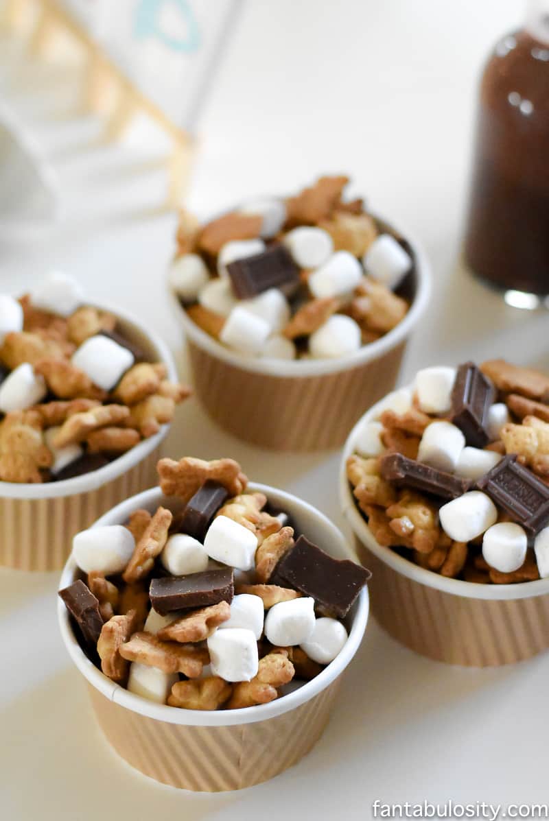 A Camp-In Sleepover! Smores trail mix for a camping party! Teddy Grahams, marshmallows and Hershey Bars! How fun is this! It's all so cute!!! Camping Sleepover Birthday Party Ideas! Pottery Barn Kids, fake fire, tents, sleeping bags, fire birthday cake, kaleidoscope, birthday banner. 