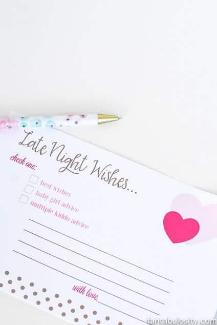 Free printables for Baby Shower Games. Late Night Wishes Baby Advice Cards for Baby Shower Free Download Printable Boy, Girl, Gender Neutral fantabulosity.com