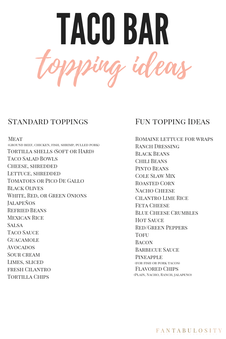Taco Bar Topping Ideas Printable Download