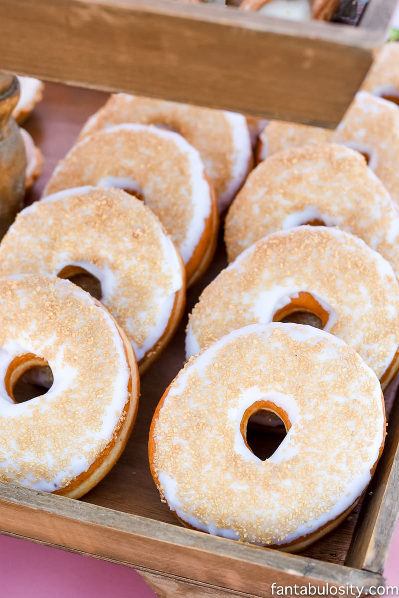 Gold glitter donuts for chic & classy dessert table; Favorite Things Party