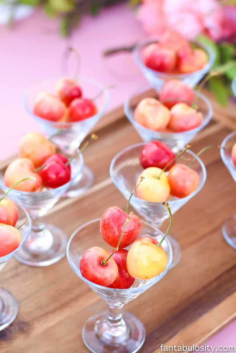 Rainer Cherries for a pink & peach dessert table snack idea: Favorite Things Party