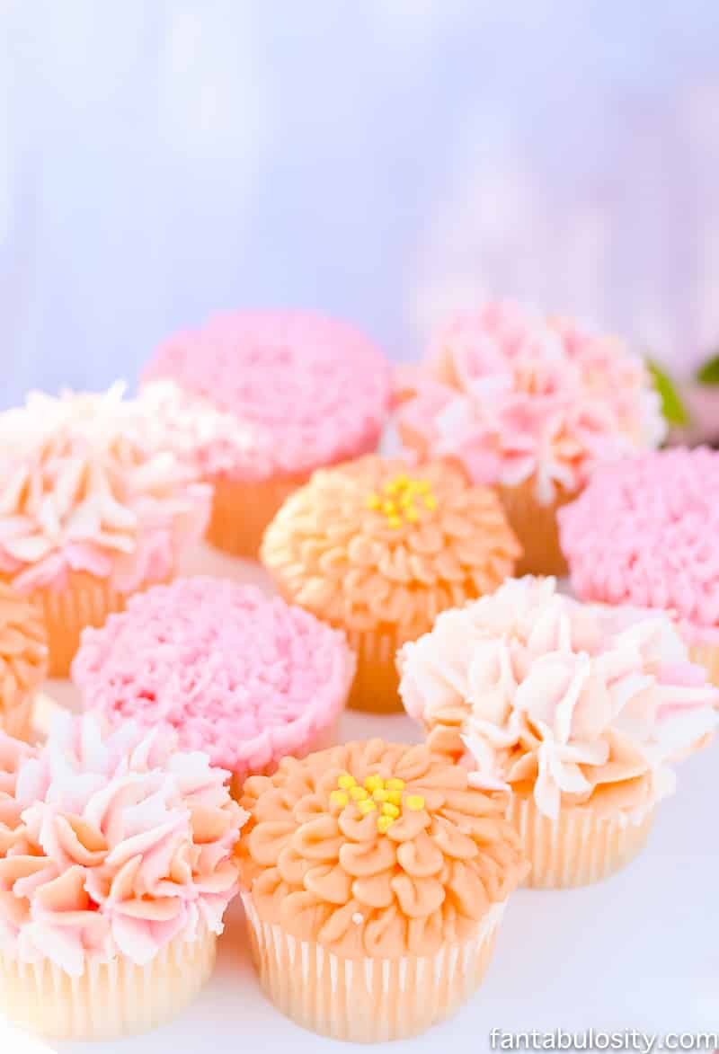 Flower cupcakes; carnation & hydrangea pinks, peaches, coral "Favorite Things" Party