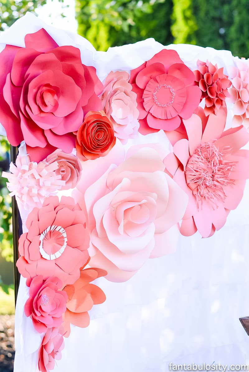 Paper Flowers Backdrop; pink, coral, peach Favorite Things Party Ideas