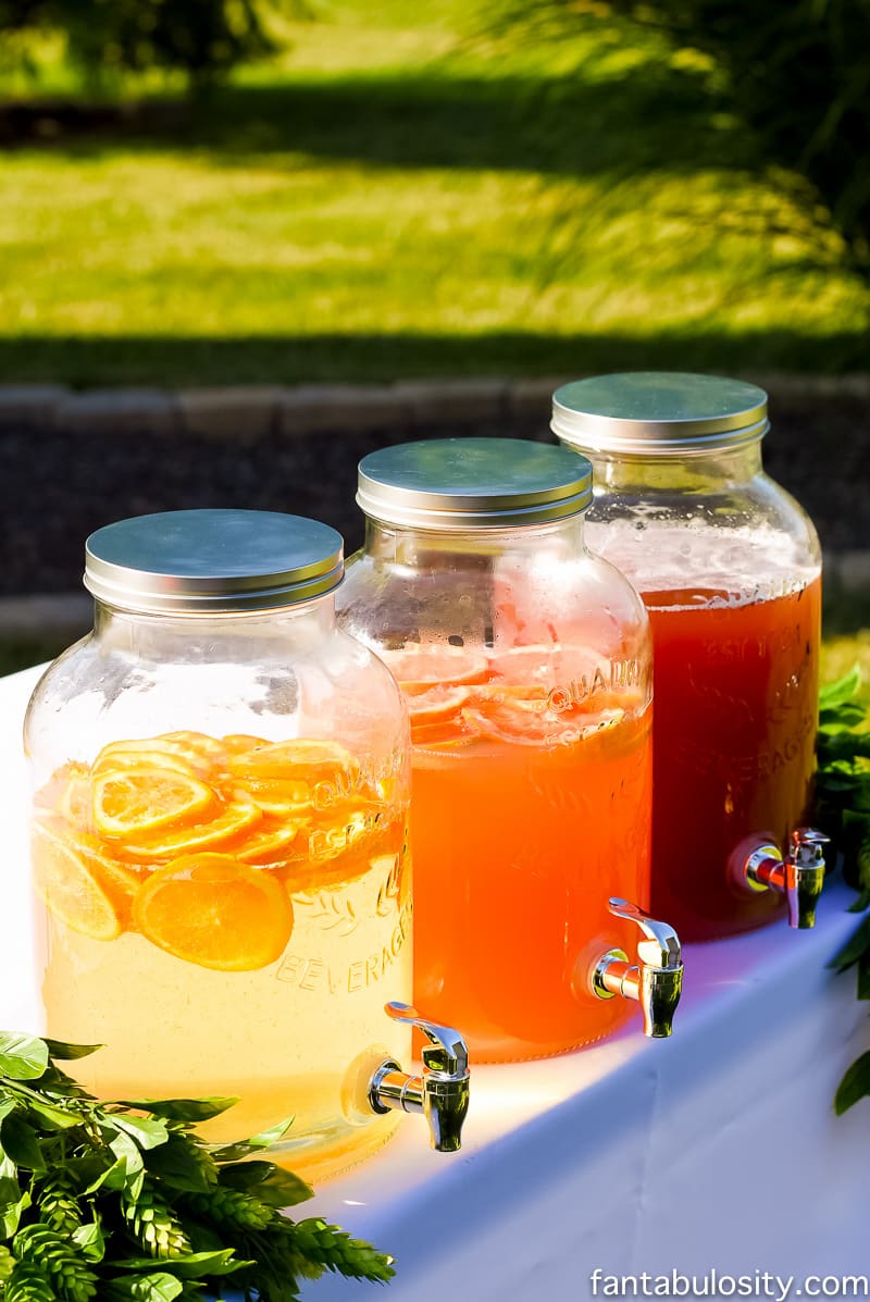 Bar Station for Outdoor Party: Drink Dispensers with white (yellow), coral, and pink drink ideas