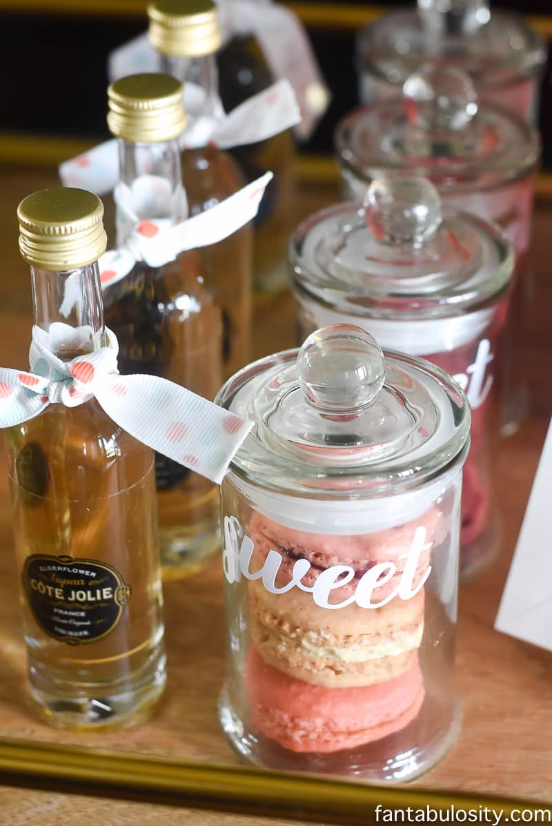 Favorite Things Party Favors Macarons, small bottles of liquor