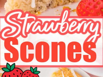 A strawberry scone, with white glaze, sitting on a plate, with strawberries surrounding it.