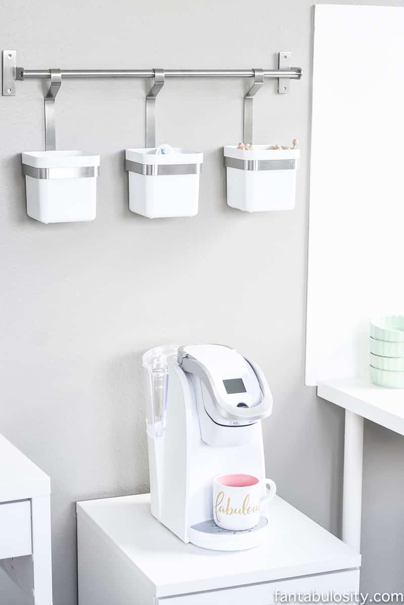 Her own coffee station!!!!! In her new office reveal. A white keurig!! Love that.