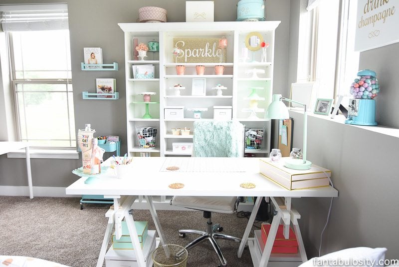 Home office desk from IKEA, love how she put these pieces together.