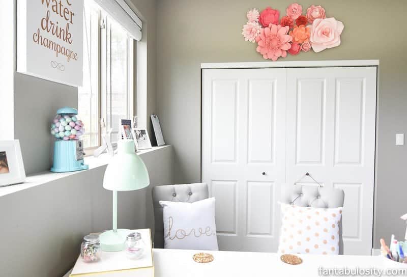 Home office Remodel Reveal: Mint coral and gold. So chic!