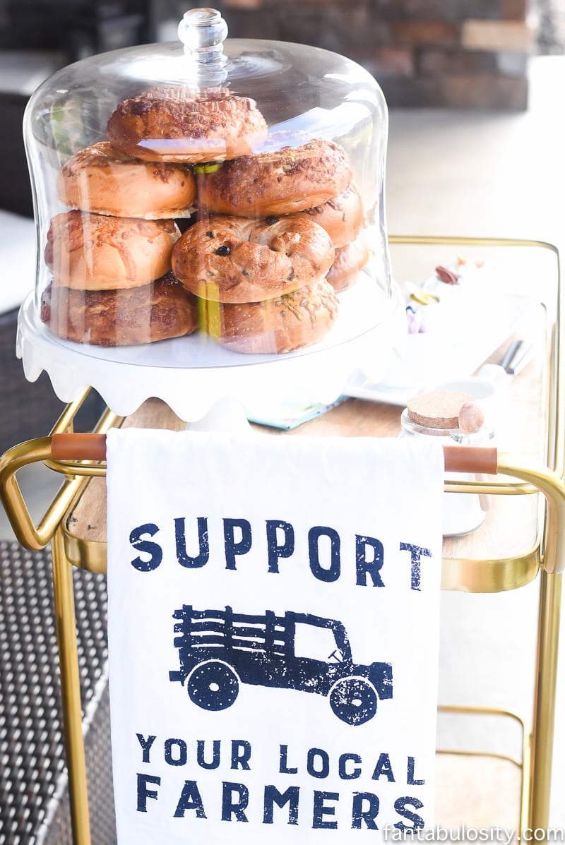 Bagel Bar Cart with coffee, so cute for breakfast or brunch party or when having friends over. 