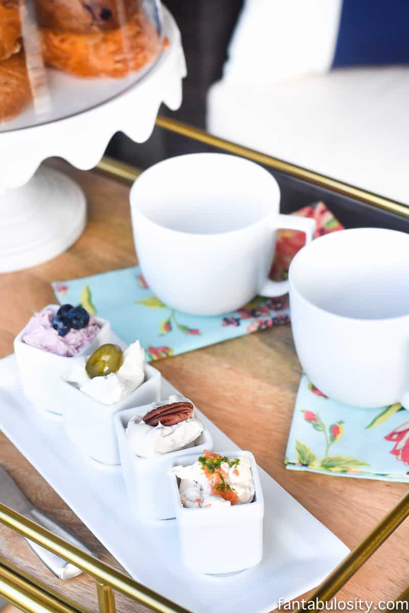 Flavored Cream Cheese samples on a bagel bar cart! So cute and fun!