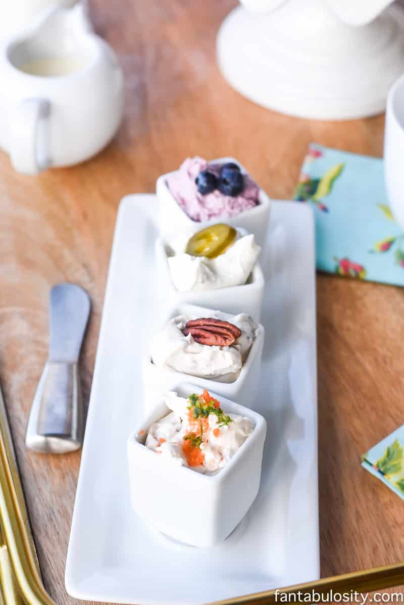 Flavored Cream Cheese samples on a bagel bar cart! So cute and fun!