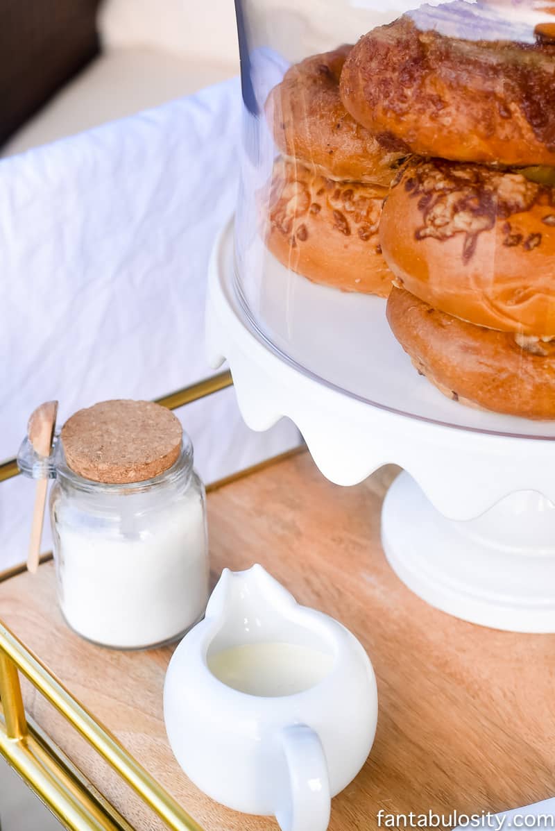 Coffee creamer and sugar for coffee on breakfast bar cart