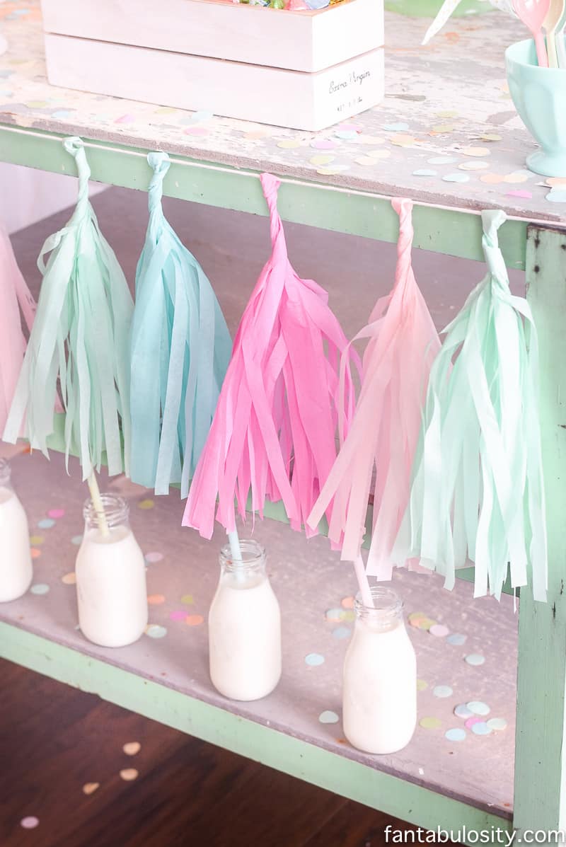 Ice Cream Party Ideas: Pastel Colors, ice cream cookies, cones with sprinkles, and this tassel banner! OMG.