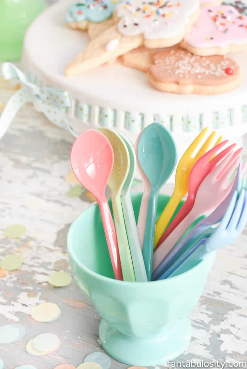 Ice Cream Party Ideas: Pastel Colors, ice cream cookies, cones with sprinkles, and this SILVERWARE! Omg. 