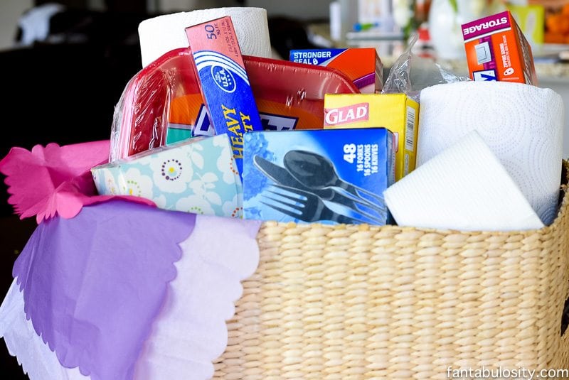 This is so smart! Sending necessities to those who've recently lost someone, so they don't have to worry about having things on hand for guests. Sympathy Gift Basket Idea for bereavement, grieving, funeral, and condolence.