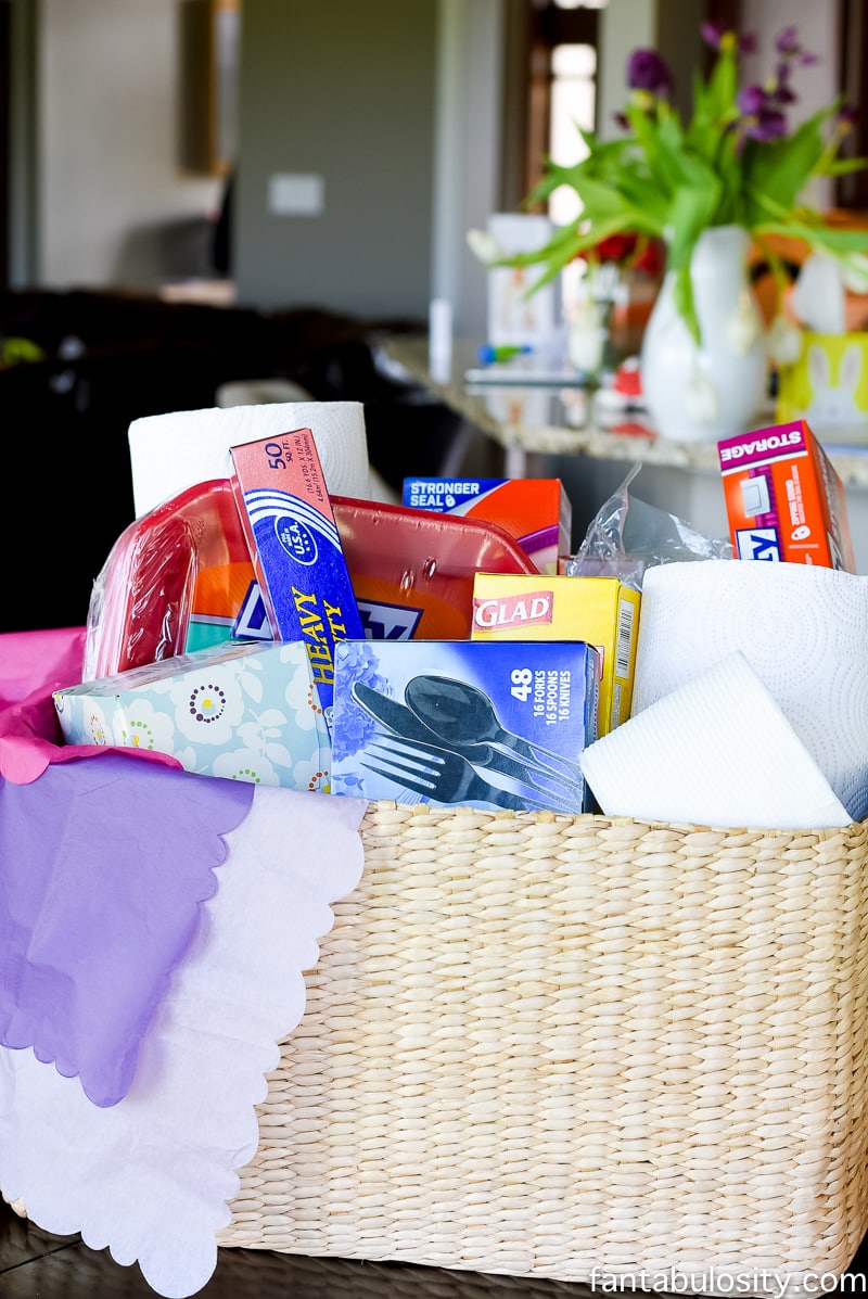 This is so smart! Sending necessities to those who've recently lost someone, so they don't have to worry about having things on hand for guests. Sympathy Gift Basket Idea for bereavement, grieving, funeral, and condolence.