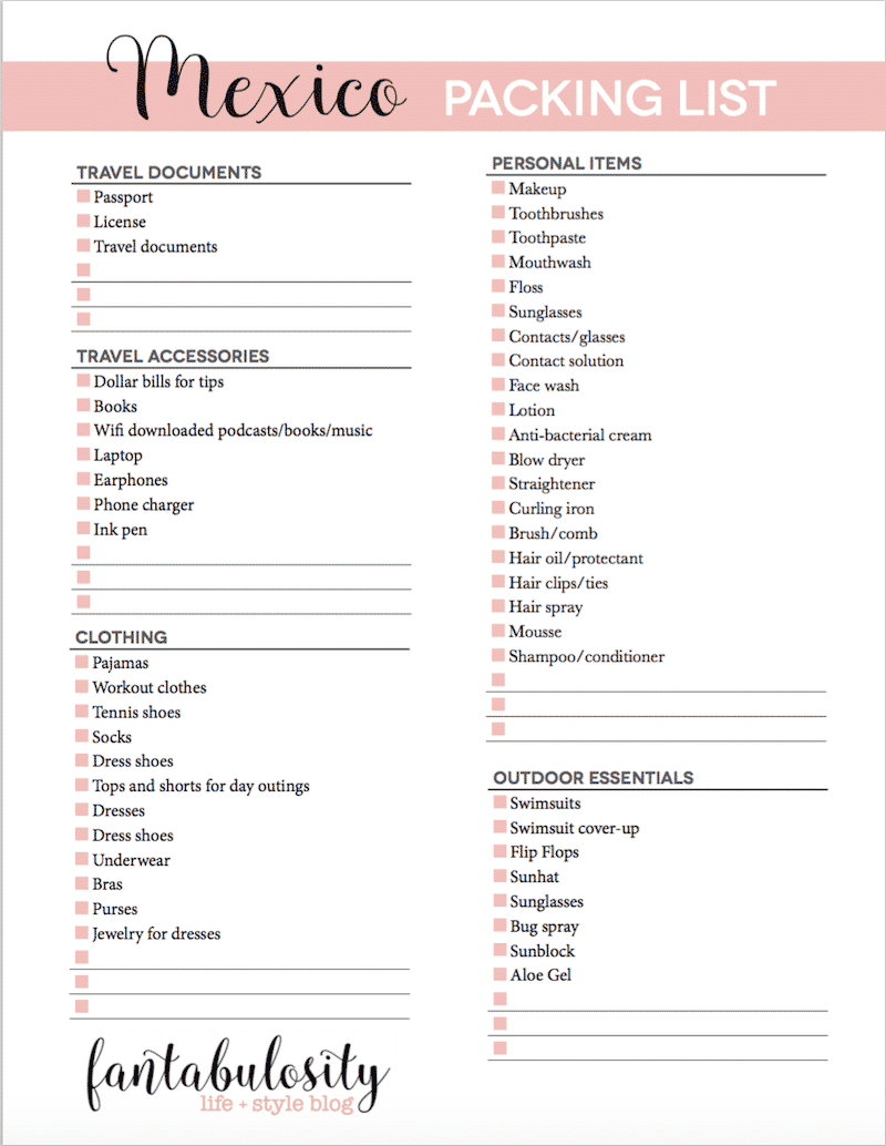 packing list for mexico free printable fantabulosity