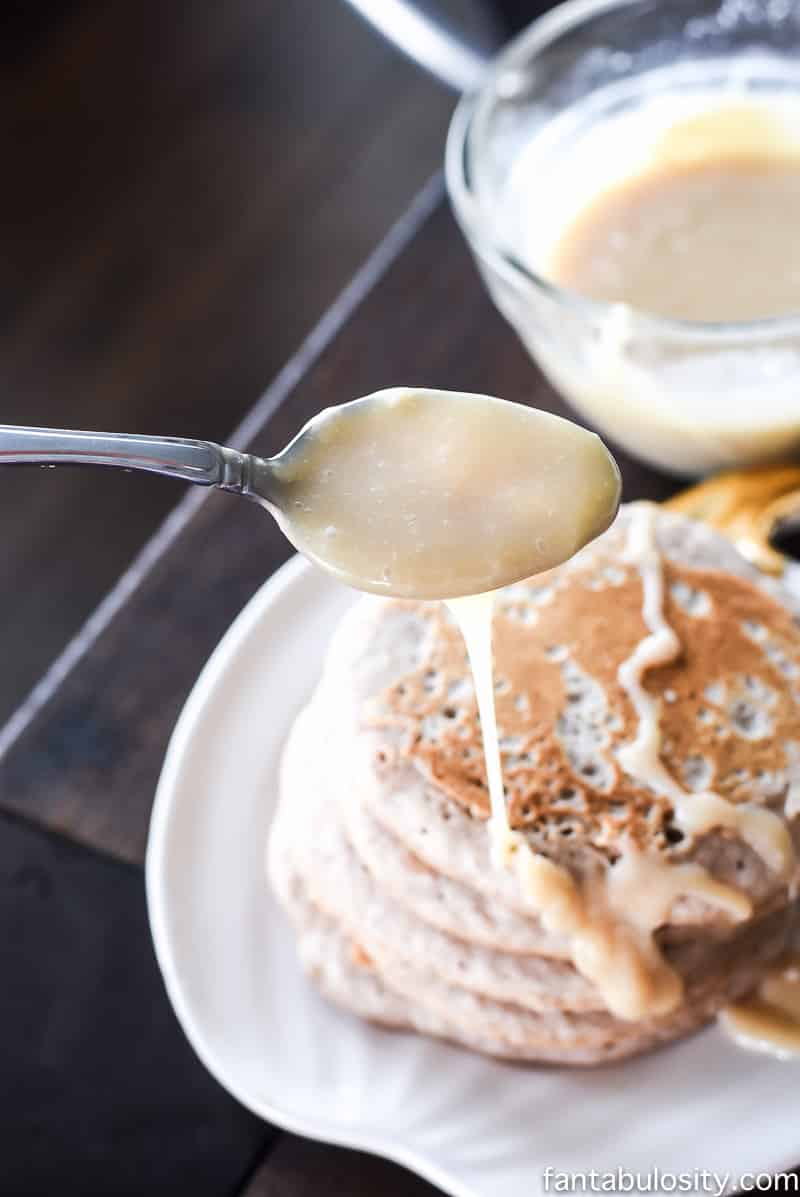 Pumpkin White Chocolate Pancakes with a White Chocolate Maple Syrup Recipe fantabulosity.com